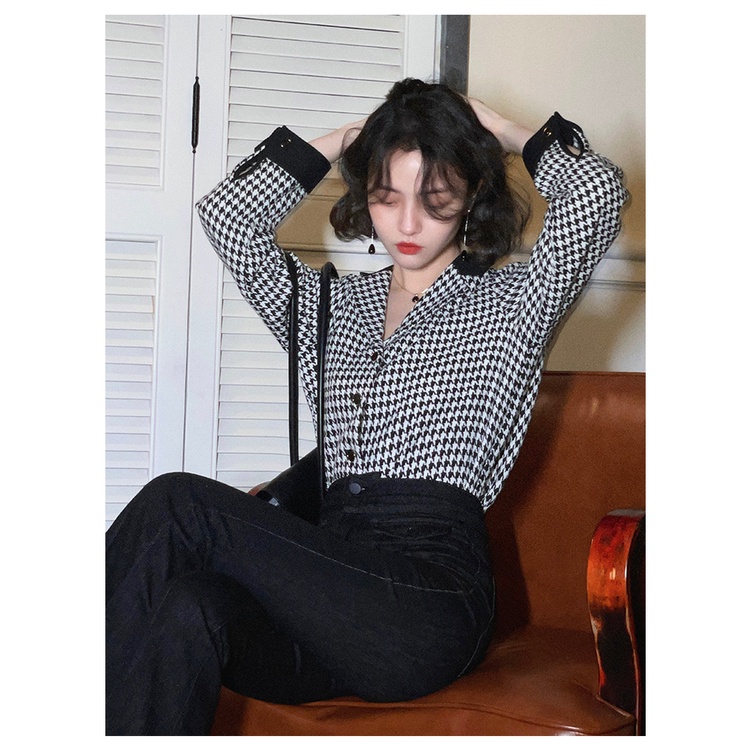 Áo sơ mi chiffon COZOKC tay dài họa tiết houndstooth phong cách cổ điển Hong Kong