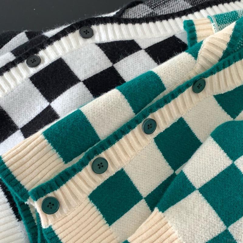 Áo khoác cardigan dệt kim phối nút cài cổ chữ V họa tiết kẻ ô thiết kế dáng rộng thời trang dành cho nữ