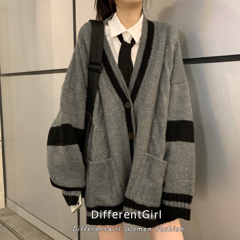 Áo khoác cardigan dệt kim cổ chữ V tay dài dáng rộng phong cách thời trang Hàn Quốc