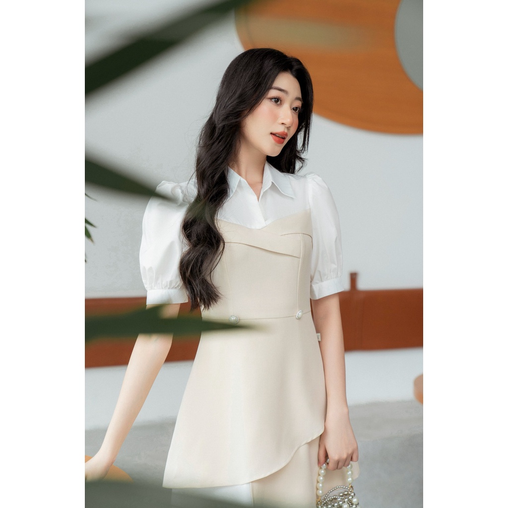 Váy công sở ngắn tay vai bồng 2 vạt chéo  TIINSTORE  VHN476