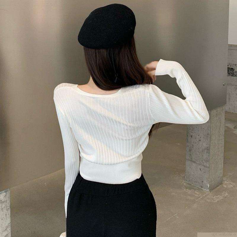 Áo croptop dệt kim tay dài dáng ôm cổ chữ V cài nút gợi cảm cho nữ