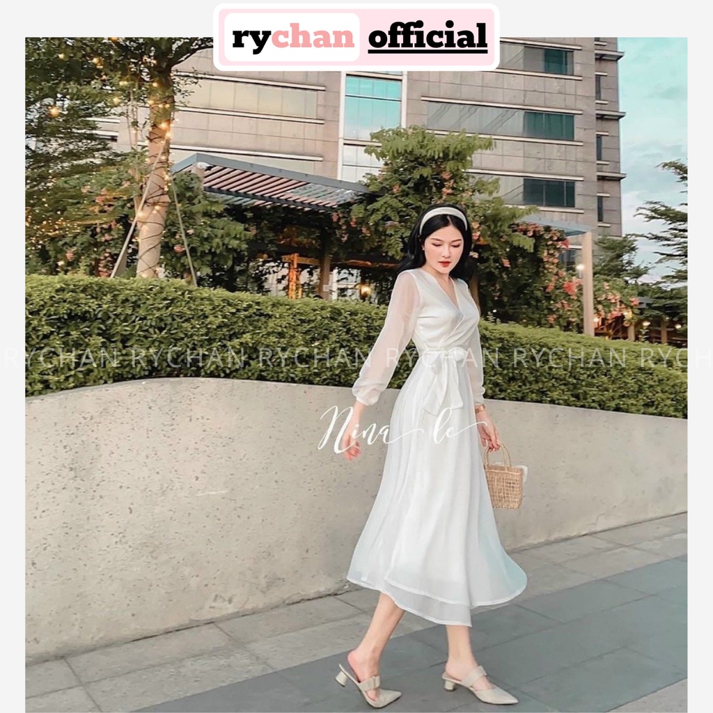 Đầm Xòe Midi Trắng Đắp Tà Cột Eo Dài Tay Lót Trong Dày Dặn [Ảnh Thật Cuối] - DX0041