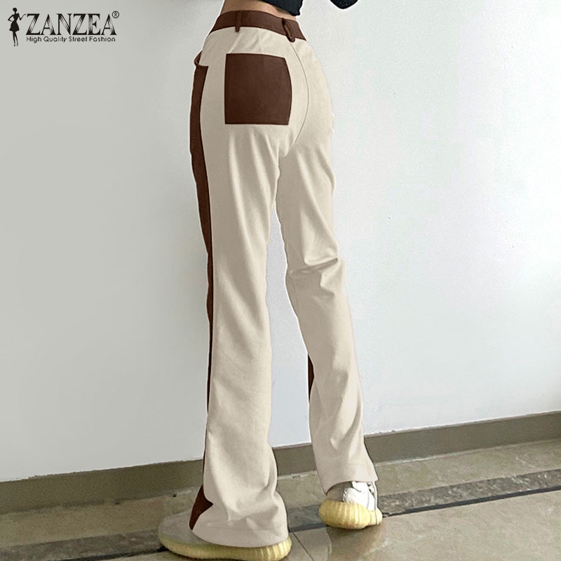 Quần dài ZANZEA vải lông cừu phối màu tương phản phong cách Hàn Quốc thời trang