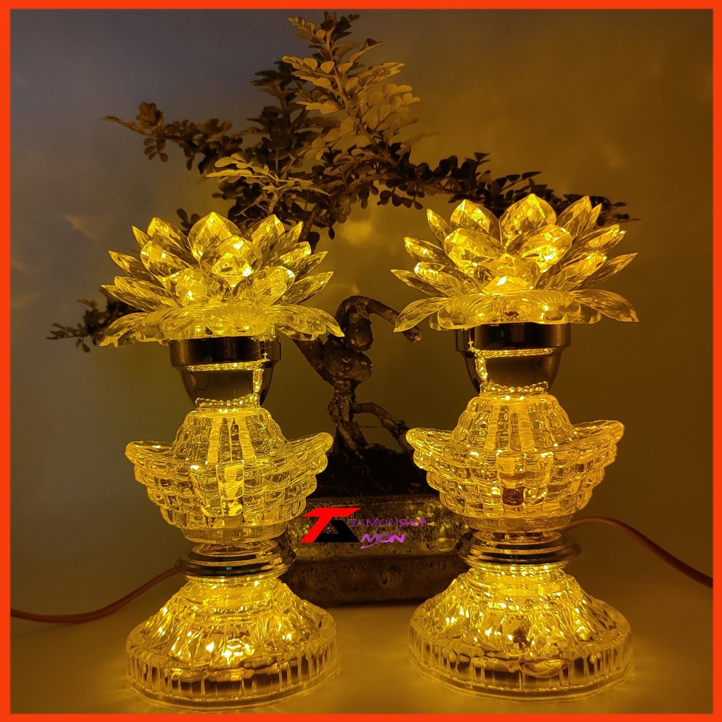 CẶP ĐÈN HOA SEN THÂN THỎI VÀNG, ĐÈN LED SÁNG MÀU VÀNG GOLD, ĐÈN SEN QUAN ÂM, ĐÈN SEN TƯỢNG PHẬT,
