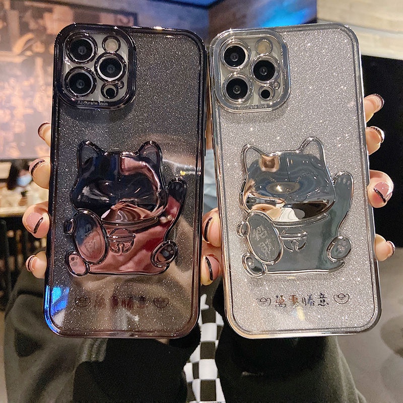 Ốp Điện Thoại Mềm Hình Mèo May Mắn 3D Mạ Điện Cho Iphone 13 12 11 Pro Max