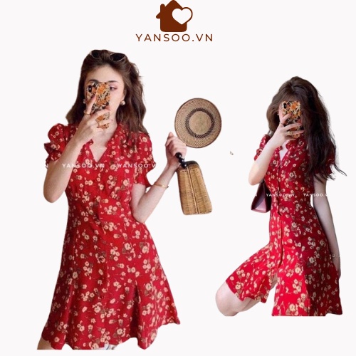 Váy hoa nhí đỏ ngắn dáng chữ A cá tính đi biển nổi bật có size SML YANSOO