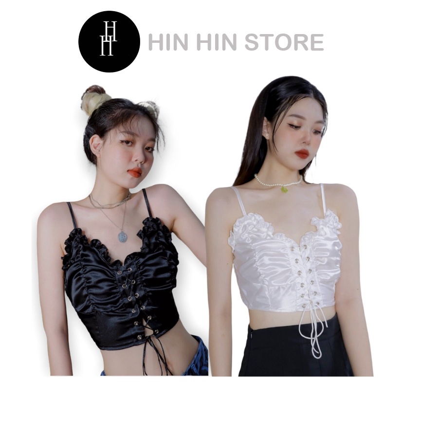 Áo croptop ngắn đan dây viền bèo màu đen &amp; trắng HAC141 Hỉn Hỉn Store