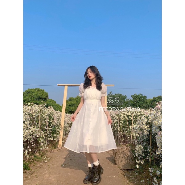 Váy trắng babydoll cúc dáng xoè ulzzang Tia19. Đầm cổ vuông tiểu thư trễ vai dự tiệc voan (Ảnh Thật)