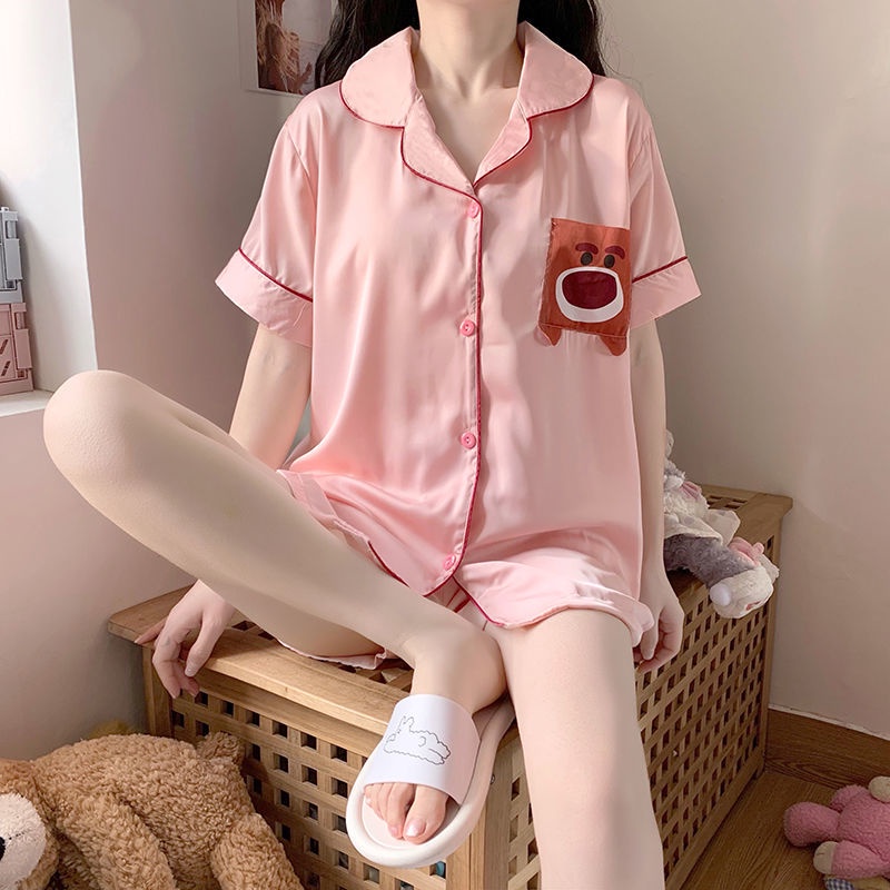New style ice silk pajamas women's suit sweet girl style home clothes net red lovely Korean imitation silk short sleeved shorts