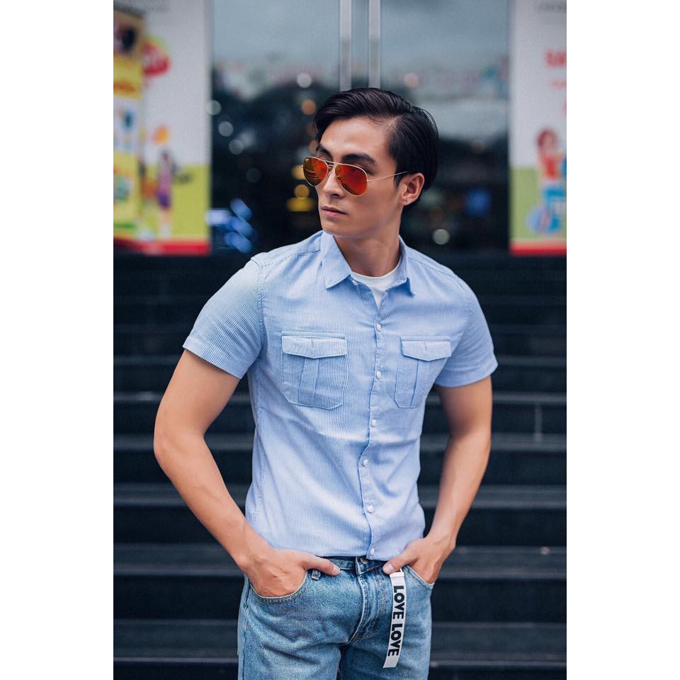 Sơ mi sọc ngắn tay có túi