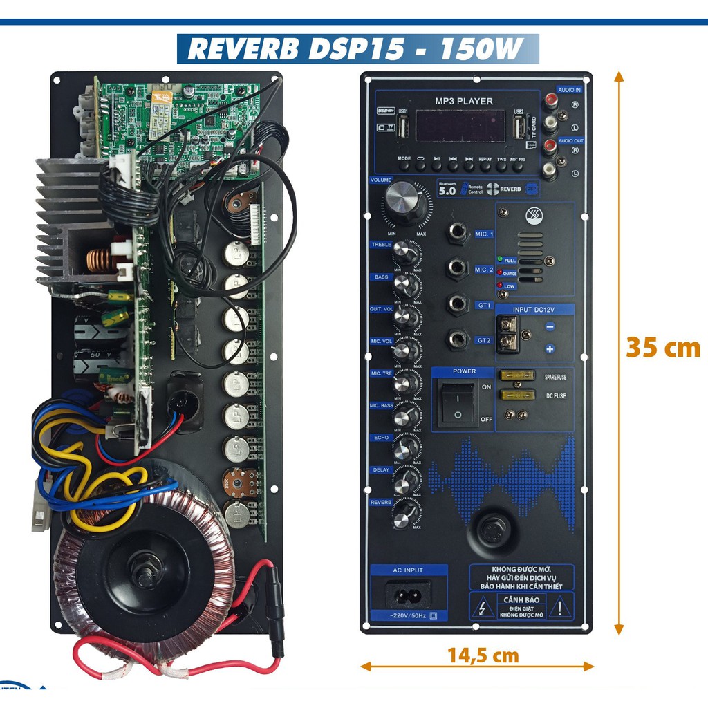 Bo Mạch Loa Kéo Nguồn Xuyến đánh Bass 4 tấc đôi, 5 Tấc đơn có Reverb DSP 15, kích thước 14.5 * 35