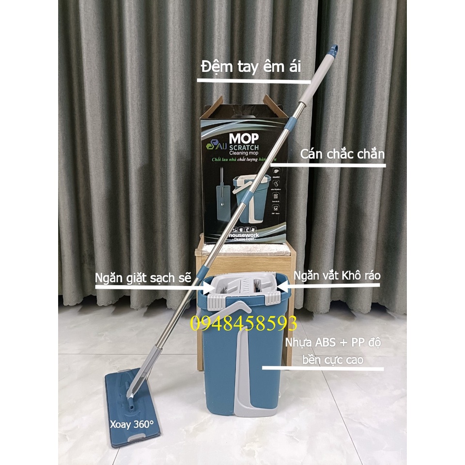 Bộ lau nhà thông minh  thùng 2 ngăn tự vắt, chổi lau nhà 360 độ linh hoạt lau sạch khô nhanh