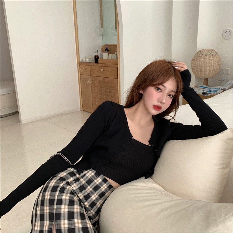 Xiaozhainv Áo hai dây dáng ngắn bó sát hở vai gợi cảm màu trơn