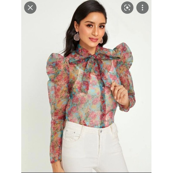 Áo sơ mi voan organza hoa hồng VNXK floral blouse tay phồng tiểu thư cổ cột nơ trước xuất khẩu dư xịn