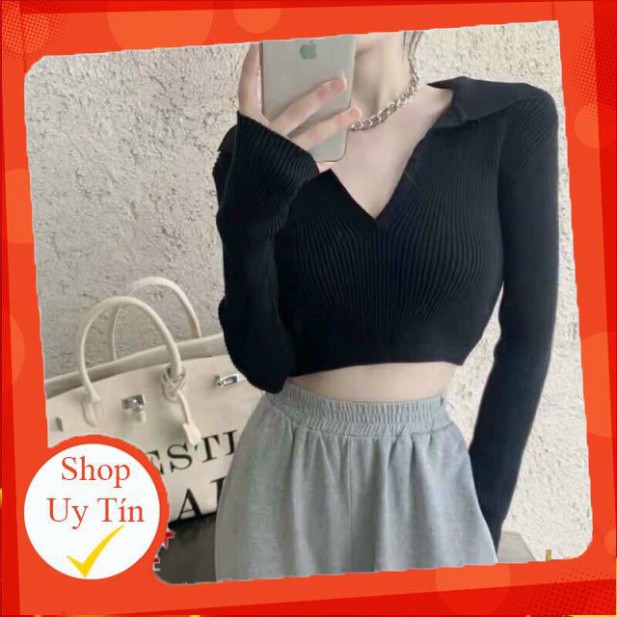 Áo croptop len cổ V gân hở lưng có thắt nơ