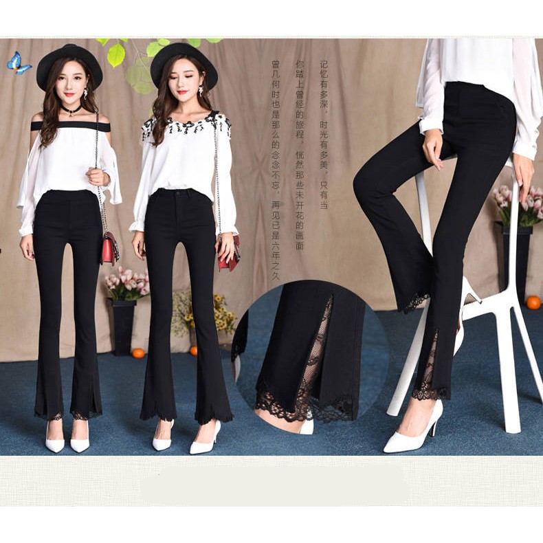 READY STOCK Women Flared Lace Pants Split High Waist Elastic Wide Leg Pants