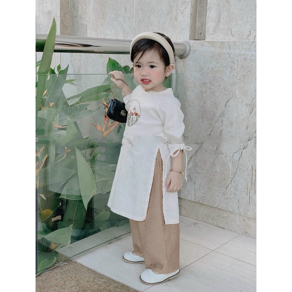 Áo dài cách tân bé gái thêu hoa dễ thương chất linen cao cấp - L03