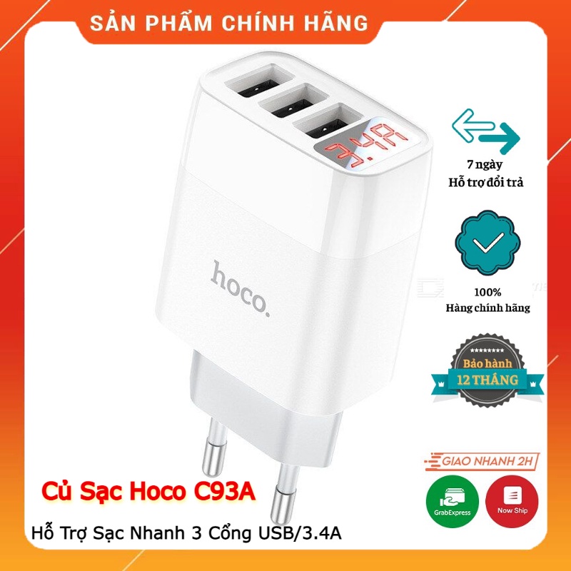 Bộ Củ Cáp Sạc Nhanh Hoco C93A 3 Cổng USB Kèm Dây Sạc Loại Chân Micro,IP Và Type C. Bảo Hành 12 Tháng