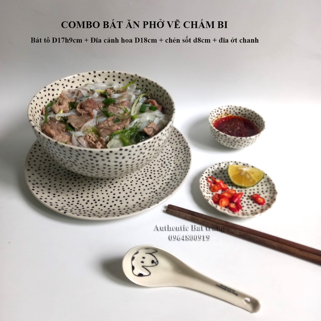 (COMBO) Bát tô sứ ăn phở vẽ tay thủ công - Tô 17H9cm + Dĩa D18cm + chén Sốt D8 + đĩa chanh ớt d9cm Authentic bat trang