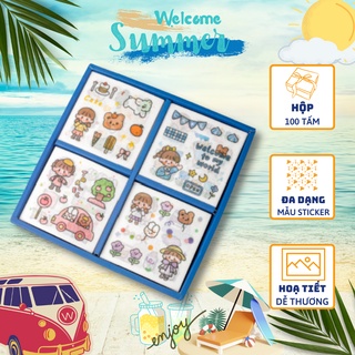 Hộp 100 sticker miếng dán in hình hoạ tiết dễ thương phong cách hoạt hình Nhật Bản