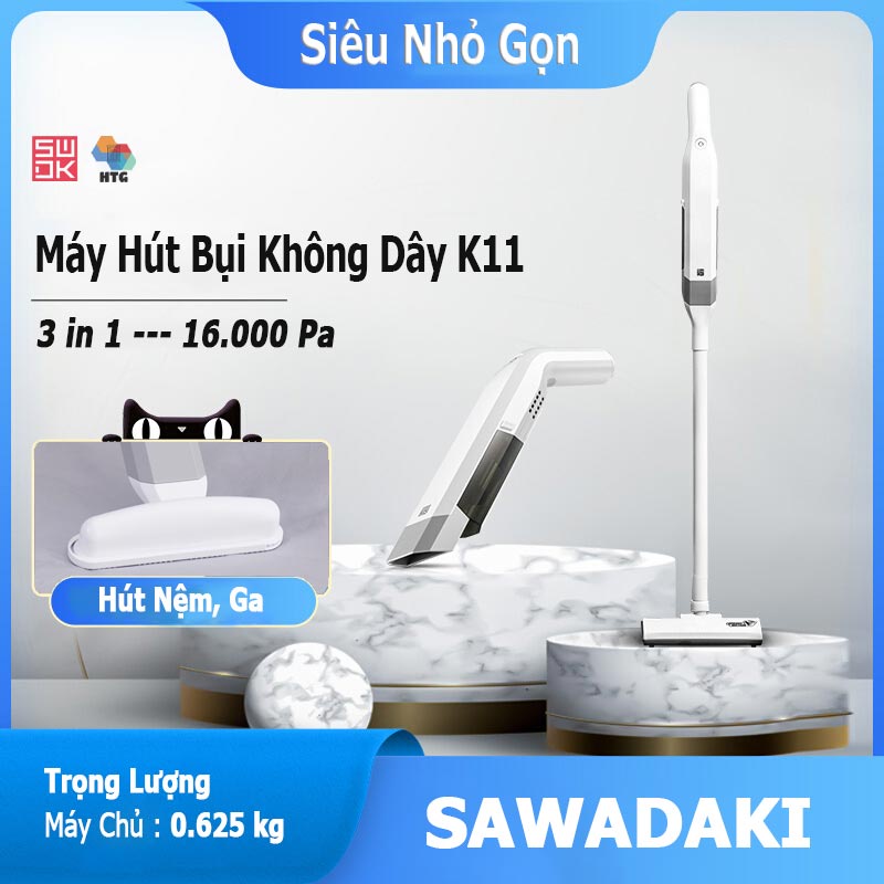 Máy hút bụi không dây Sawadaki K11 [siêu gọn nhẹ], 3 in 1 dọn dẹp nhà cửa 1 tay, hút 2 cấp độ lên đến 16000 Pa