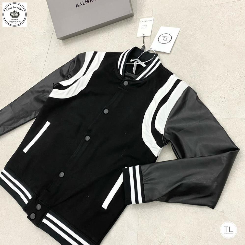 Áo bomber dạ 2 lớp phối tay da Cao Cấp - Áo khoác bomber teddy phối vai viền trắng  ảnh thật shop chụp