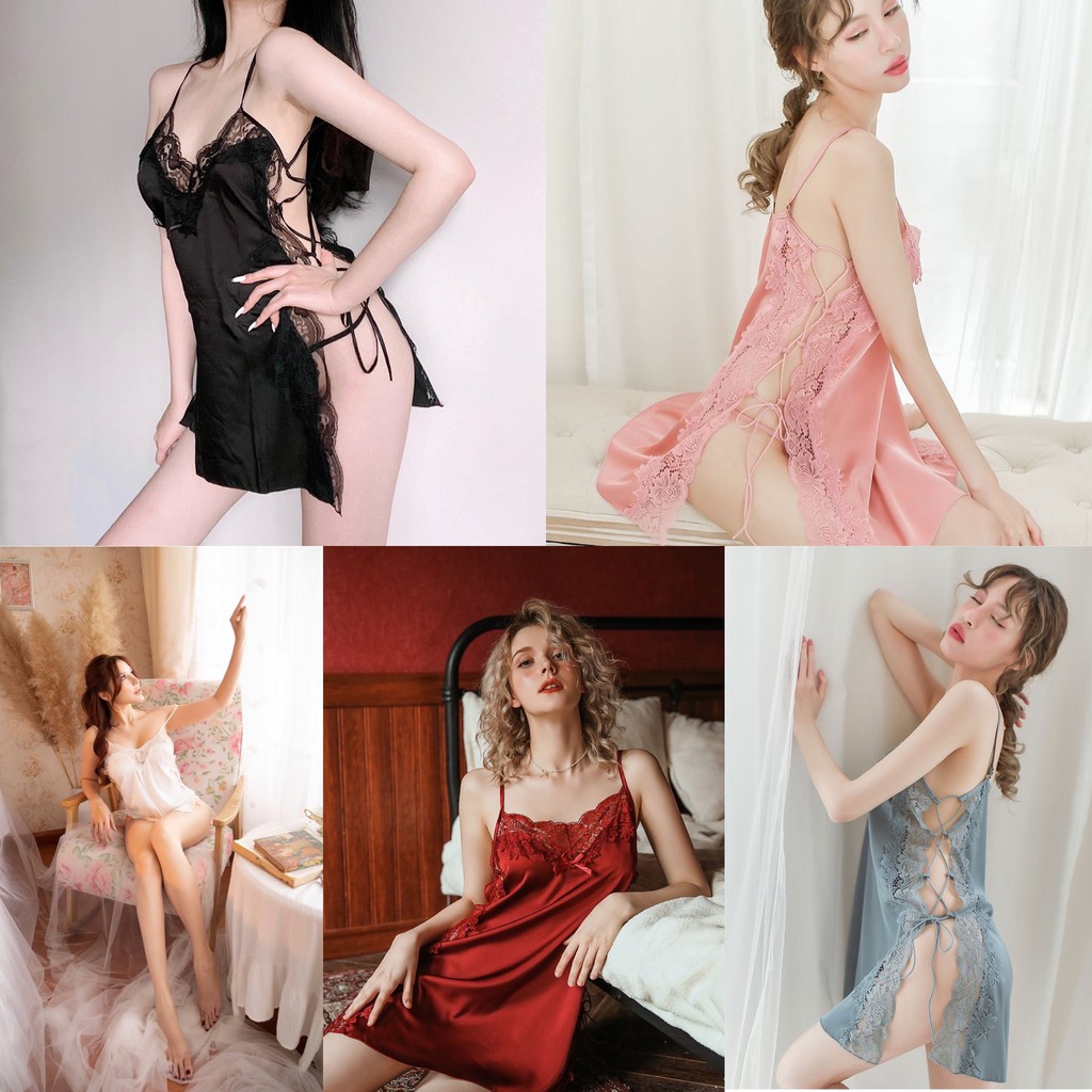 Váy ngủ lụa xẻ hông dây đan Quảng Châu cao cấp quyến rũ
