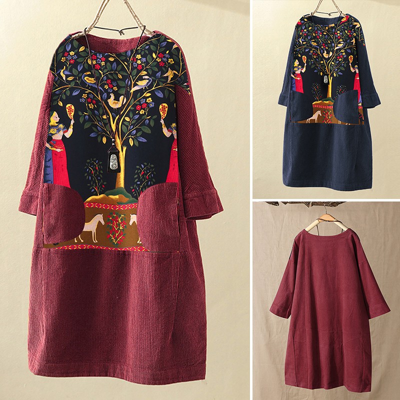 Đầm ZANZEA Tay Dài Phối Túi Hoạ Tiết Kẻ Sọc Phong Cách Vintage | BigBuy360 - bigbuy360.vn