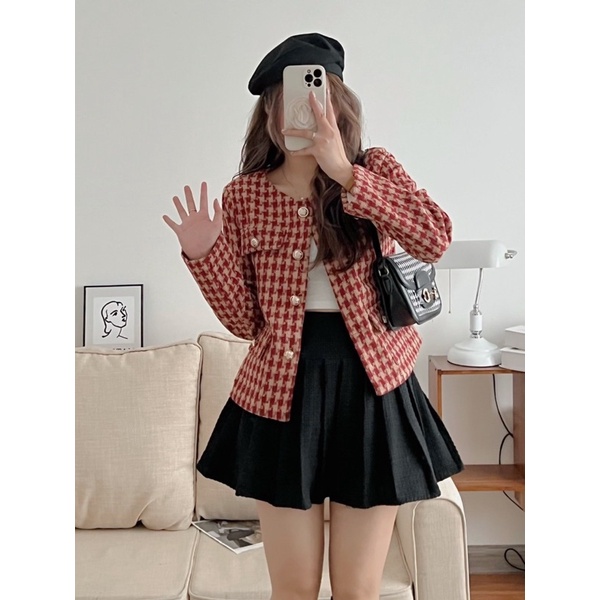 [HÀNG SẴN]ÁO DẠ TWEET KẺ GINGHAM CÚC ĐỒNG TIỂU THƯ