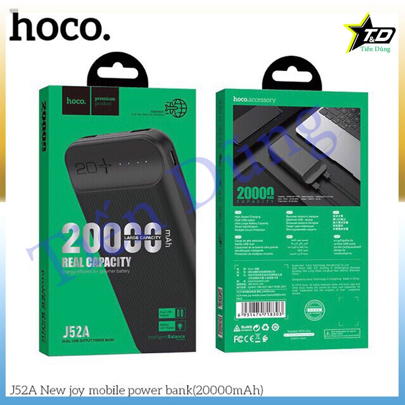 Pin sạc dự phòng Hoco J52 và J52A có 2 lựa chọn dòng 10.000mAh và 20.000mah có đèn led báo dung lượng pin và 2 cổng ra