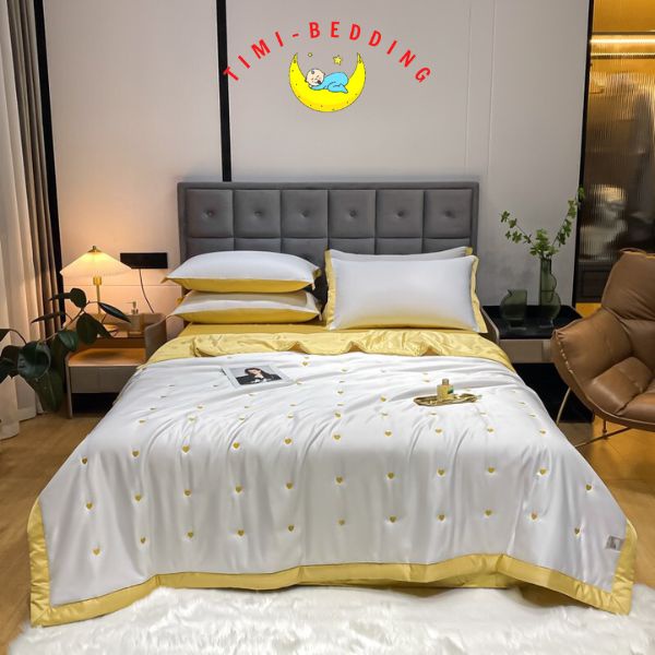 Bộ chăn ga gối hè lụa tencel 60s thêu tim nhập khẩu cao cấp, mát mẻ – Timibedding