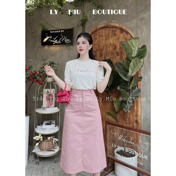 Set áo thun thêu hoa nổi + chân váy dài kaki mềm màu hồng