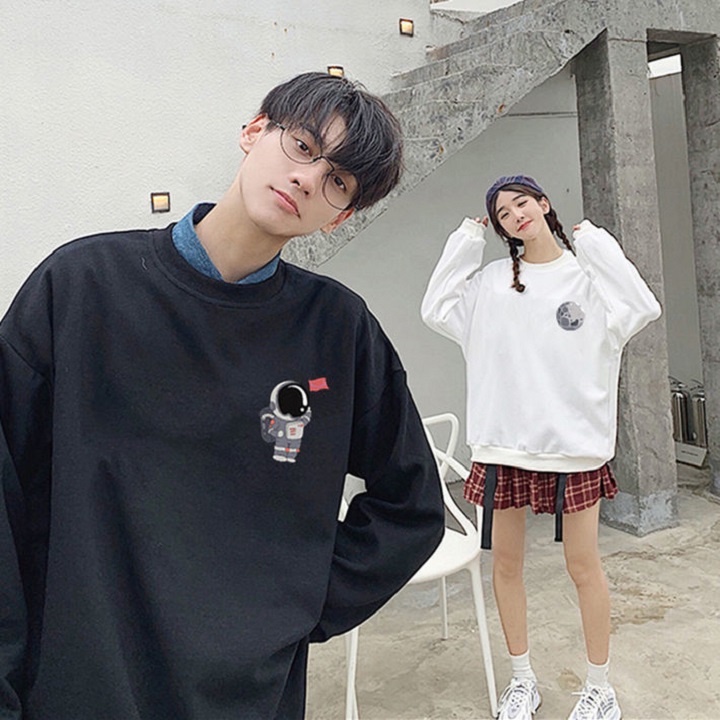 Áo thun ZHELIHANGFEI nỉ tay dài dáng rộng in chữ trẻ trung hợp thời trang cho cặp đô