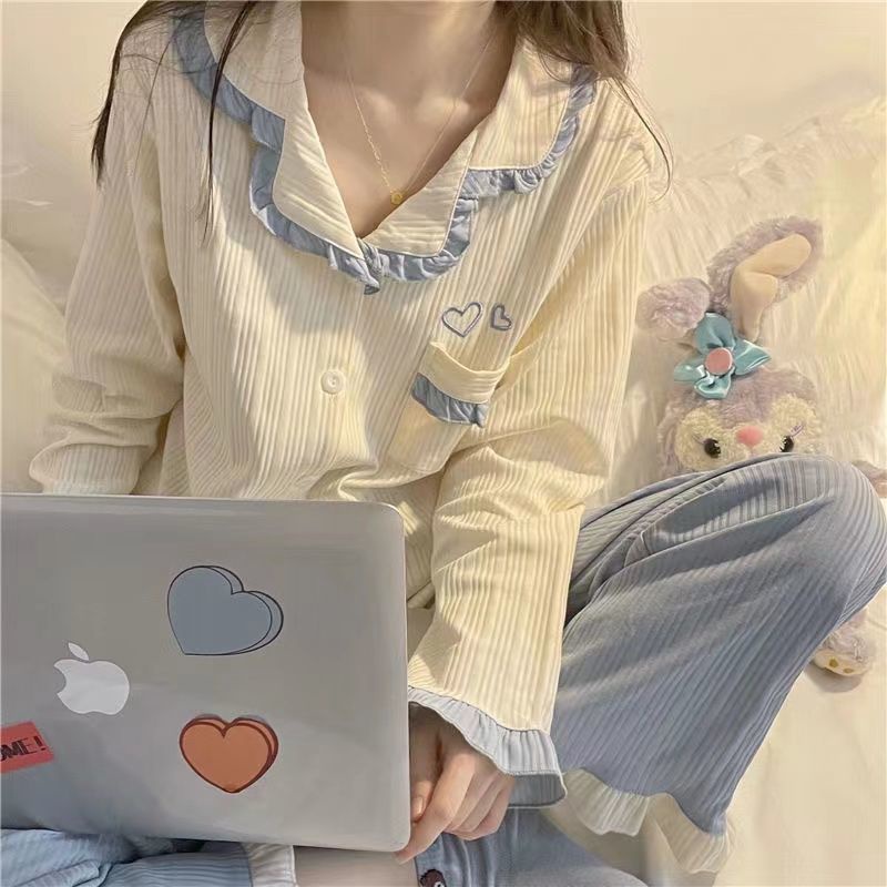 Bộ Đồ Ngủ Tay Dài Cổ Búp Bê In Họa Tiết Trái Tim Dễ Thương Thời Trang Xuân Thu Cho Nữ