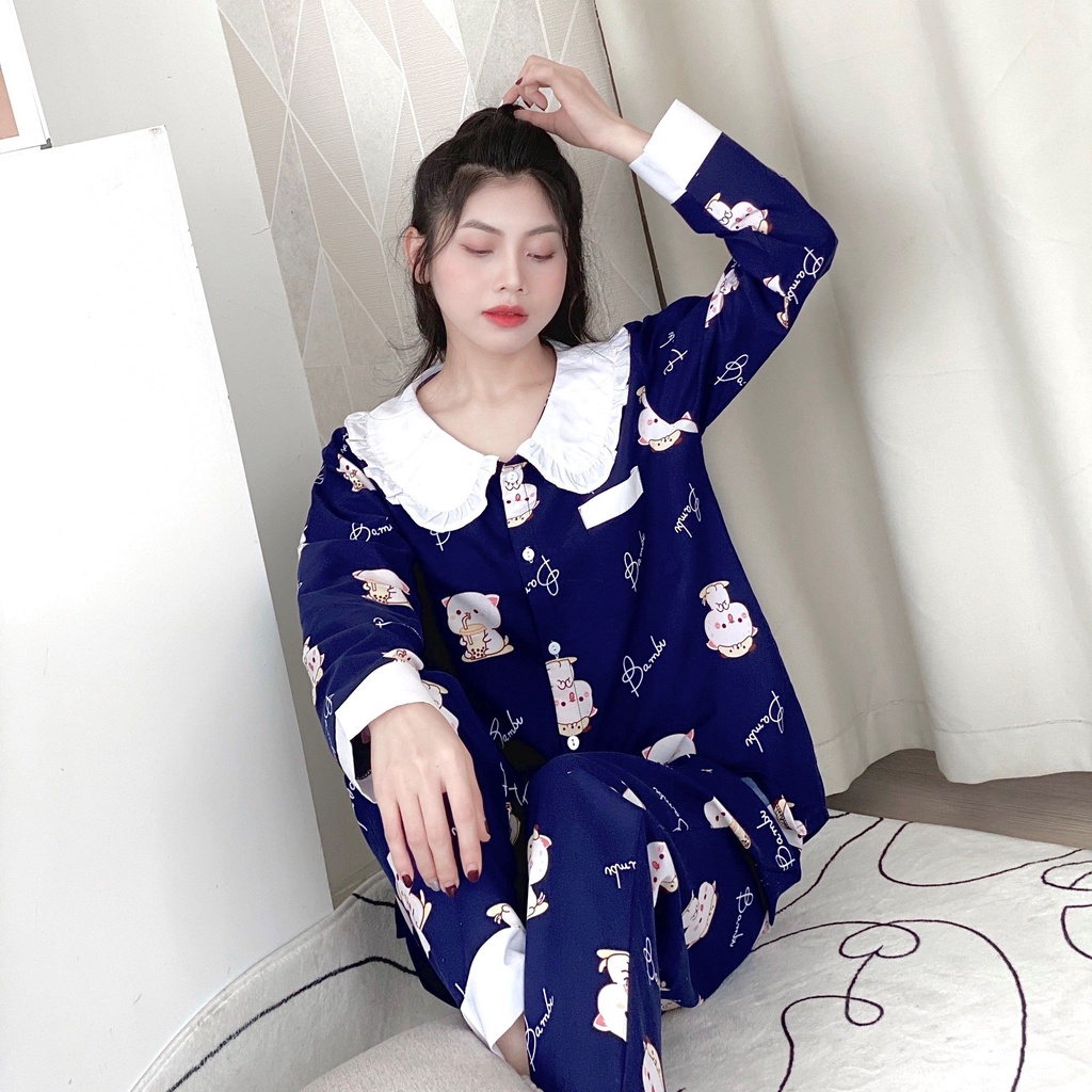 Bộ ngủ pijama phối viền bèo siêu nữ tính Bộ mặc nhà nữ