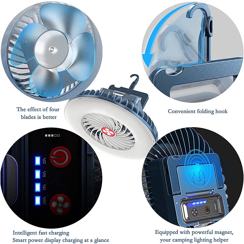 Quạt Cắm Trại Khẩn Cấp 2 Trong 1 Siêu Sáng Có Đèn LED Sạc USB Chống Nước Có Thể Treo Được