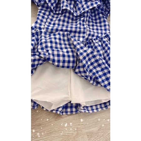 Đầm - Váy trễ vai kẻ xanh xếp bèo 2 tầng Ulzzang