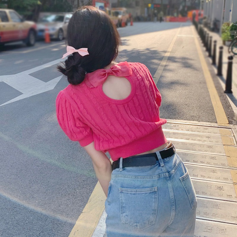 Áo Thun Tay Ngắn Hở Lưng Màu Sắc Ngọt Ngào Cho Nữ