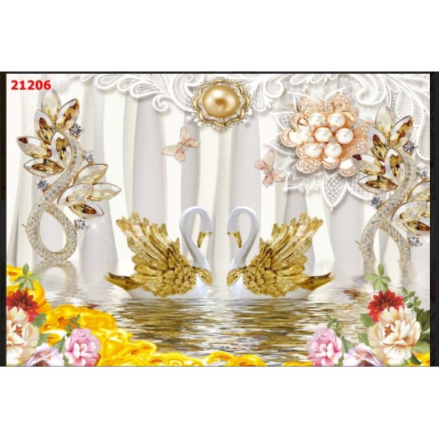 Tranh dán tường 3D đôi thiên nga