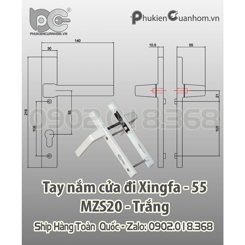 Tay nắm cửa đi mở quay nhôm Xingfa hệ 55 màu trắng