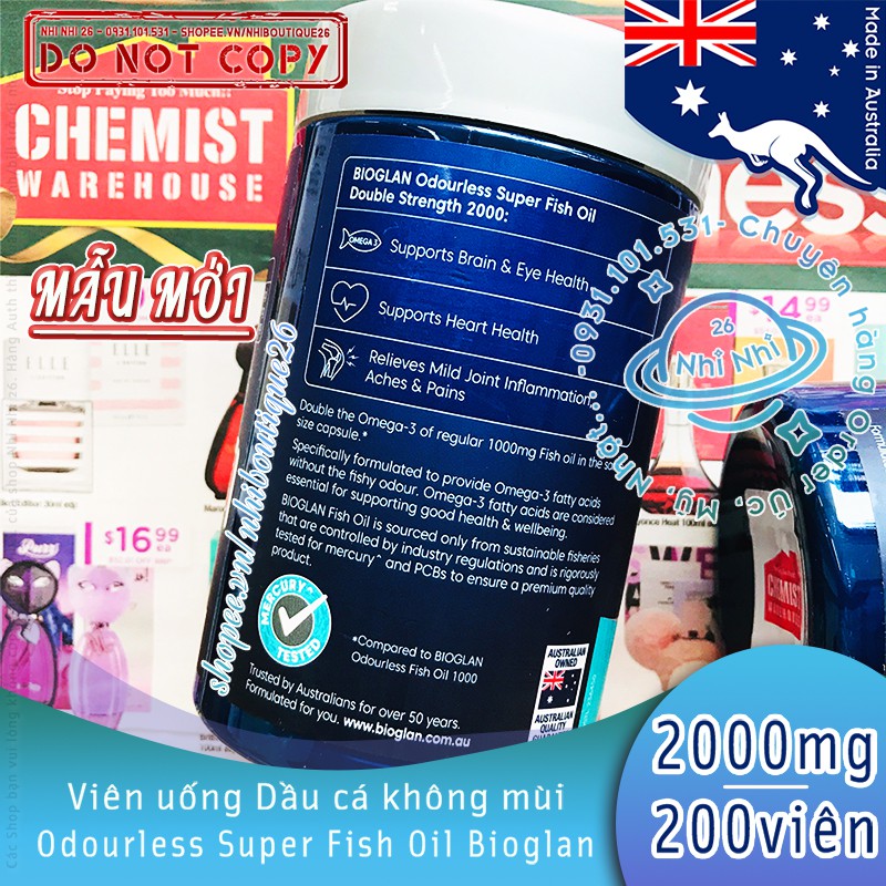 🐳HSD:01/2024🐳 DẦU CÁ không mùi - HÀM LƯỢNG CAO 2000mg - BIOGLAN Fish Oil - ÚC 💥Chuẩn Chemist Warehouse - Úc💥