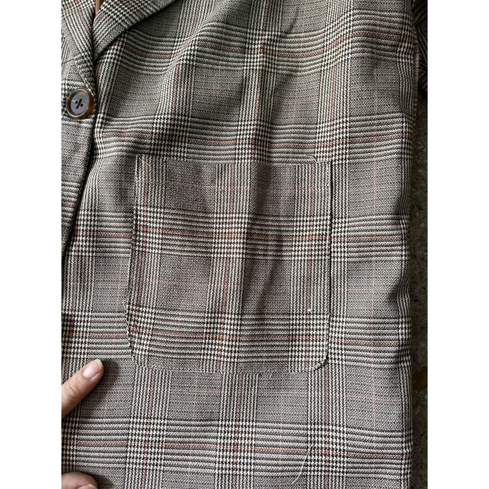 Áo khoác kiểu nữ A.267, Áo blazer 2 lớp 1 cúc thân kẻ nâu túi tròn dài tay style Hàn Quốc