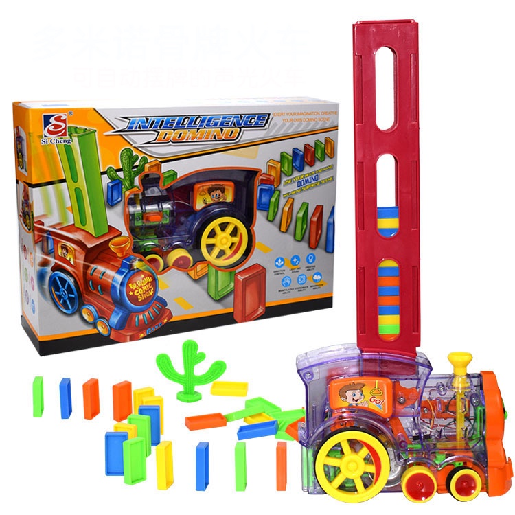 Đồ chơi tàu hỏa xe lửa thả domino xếp tự động 80 thanh phát nhạc chạy pin AA chất liệu nhựa nguyên sinh an toàn cho bé
