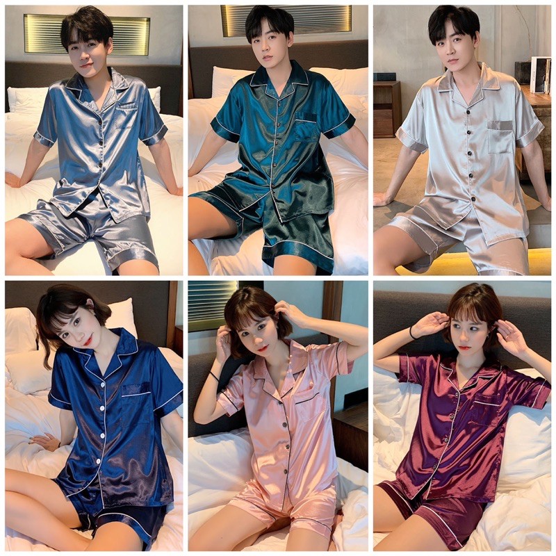 Bộ đồ ngủ satin nam nữ set pijama đôi tình nhân hè cọc tay