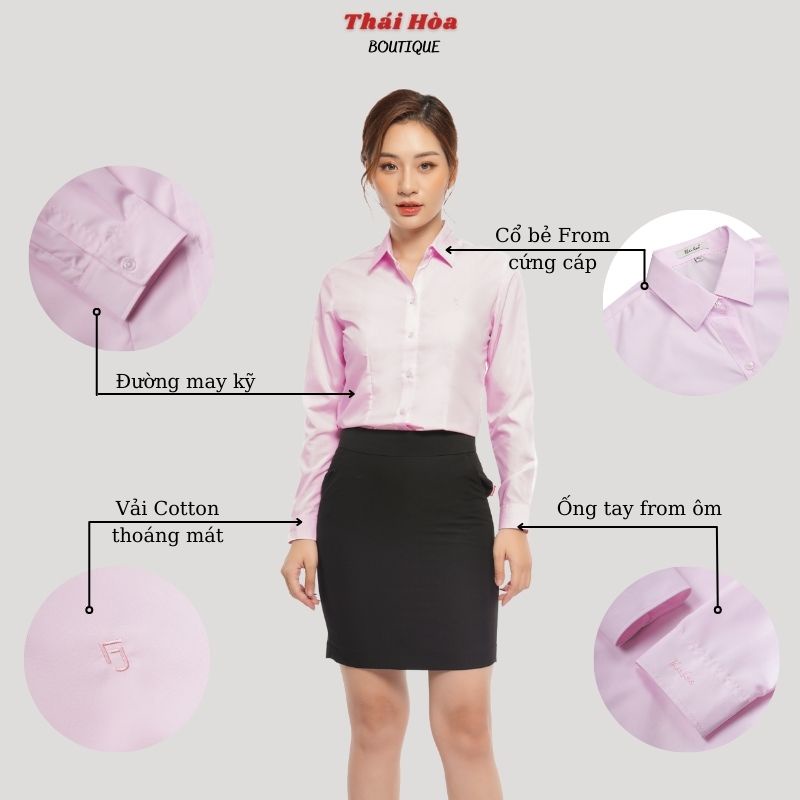 Áo sơ mi nữ đẹp hồng kiểu công sở dài tay vải cotton trơn mềm mịn Thái Hoà 047-03-01