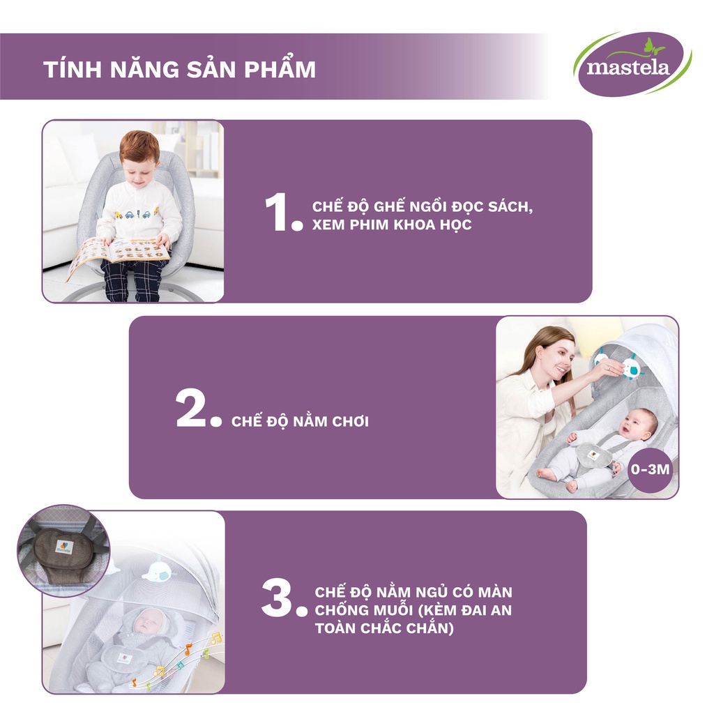 Nôi ru ngủ thư giãn kết hợp ghế ngồi đọc sách cho bé nhạc trắng Mastela 8104/8106 - điều khiển từ xa - kết hợp Bluetooth