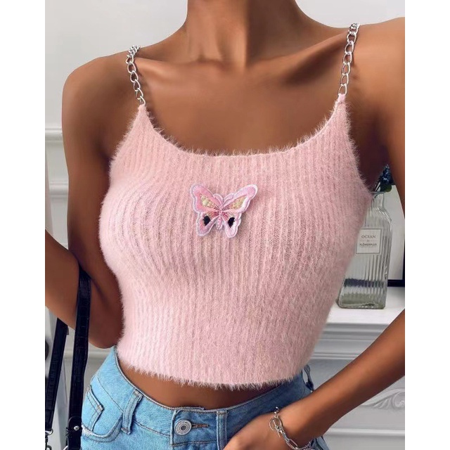 DUNEA Áo Hai Dây Vải Lông Cừu Thêu Hình Bướm Xinh Xắn Cho Nữ