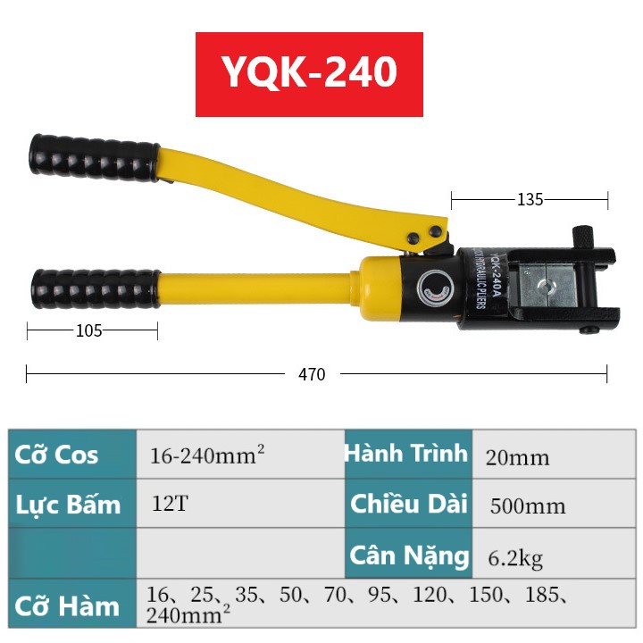 Kìm bấm cos thủy lực CAO CẤP kiềm bóp cốt đa năng, kềm ép đầu cosse dây điện YQK 120 - 240 - 300