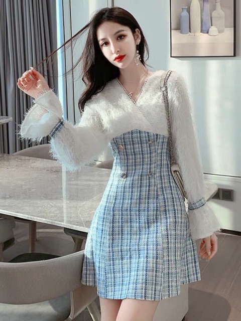 [CÓ SẴN-size S] Đầm dạ caro tiểu thư cổ v(Có ảnh thật) | BigBuy360 - bigbuy360.vn