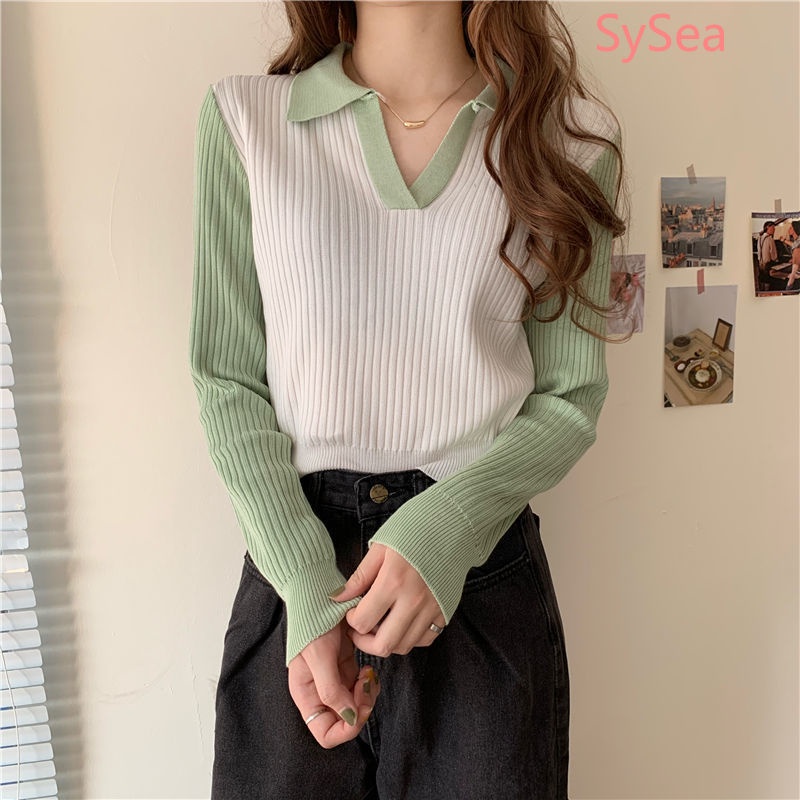 Áo sweater dài tay màu tương phản phong cách mùa thu Hàn Quốc cho nữ